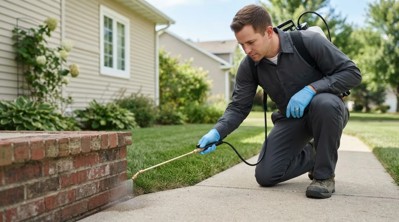 Pest control technician treating a home near Machias, ME