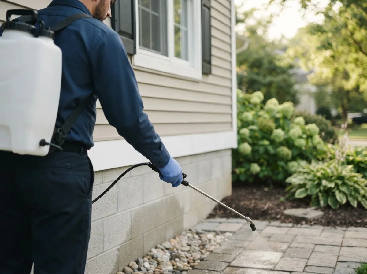 Pest control technician inspecting a home in Machias, ME